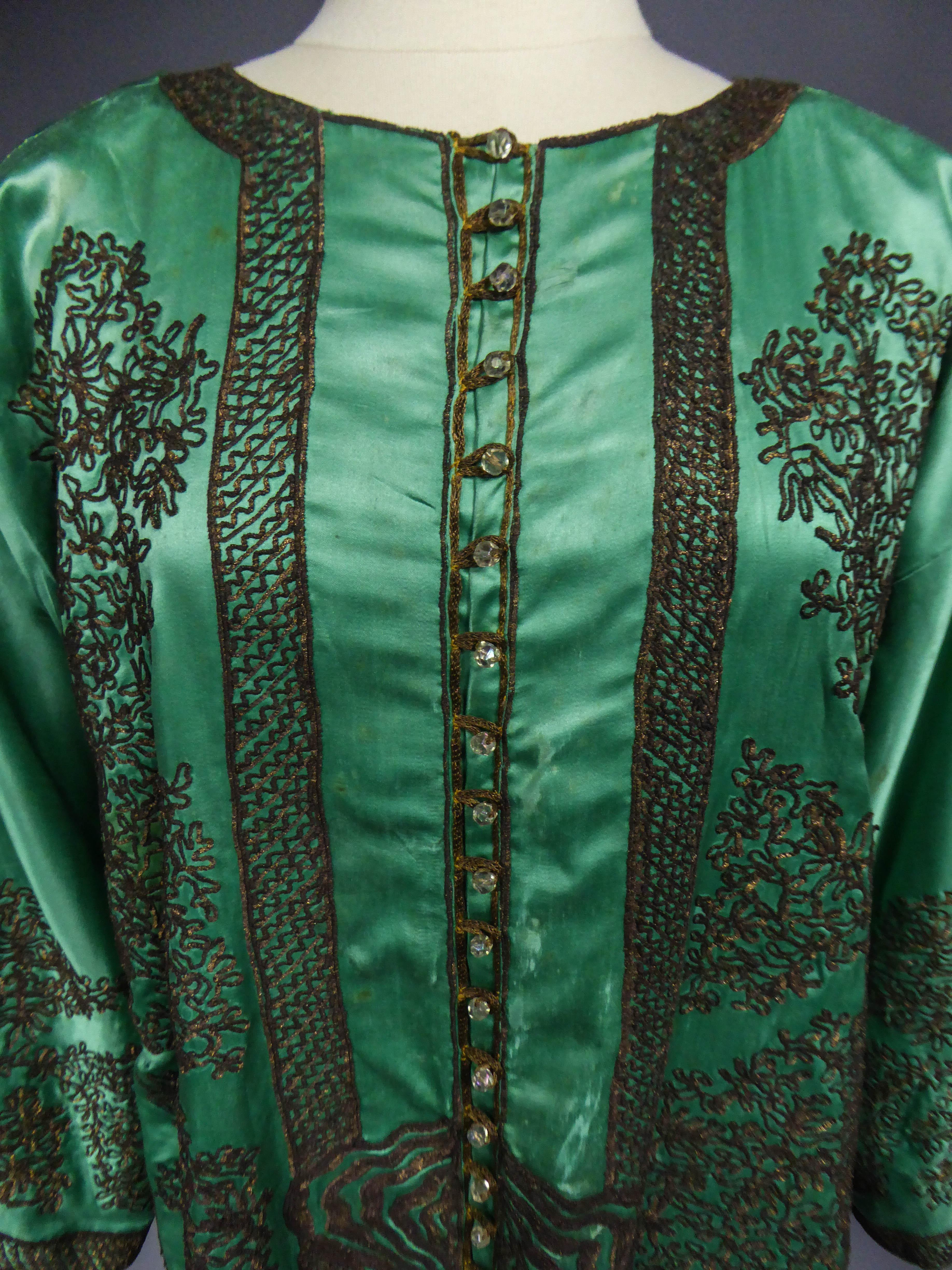Women's or Men's Babani Couture Kaftan or Party Kimono in green satin with appliqué, circa 1915