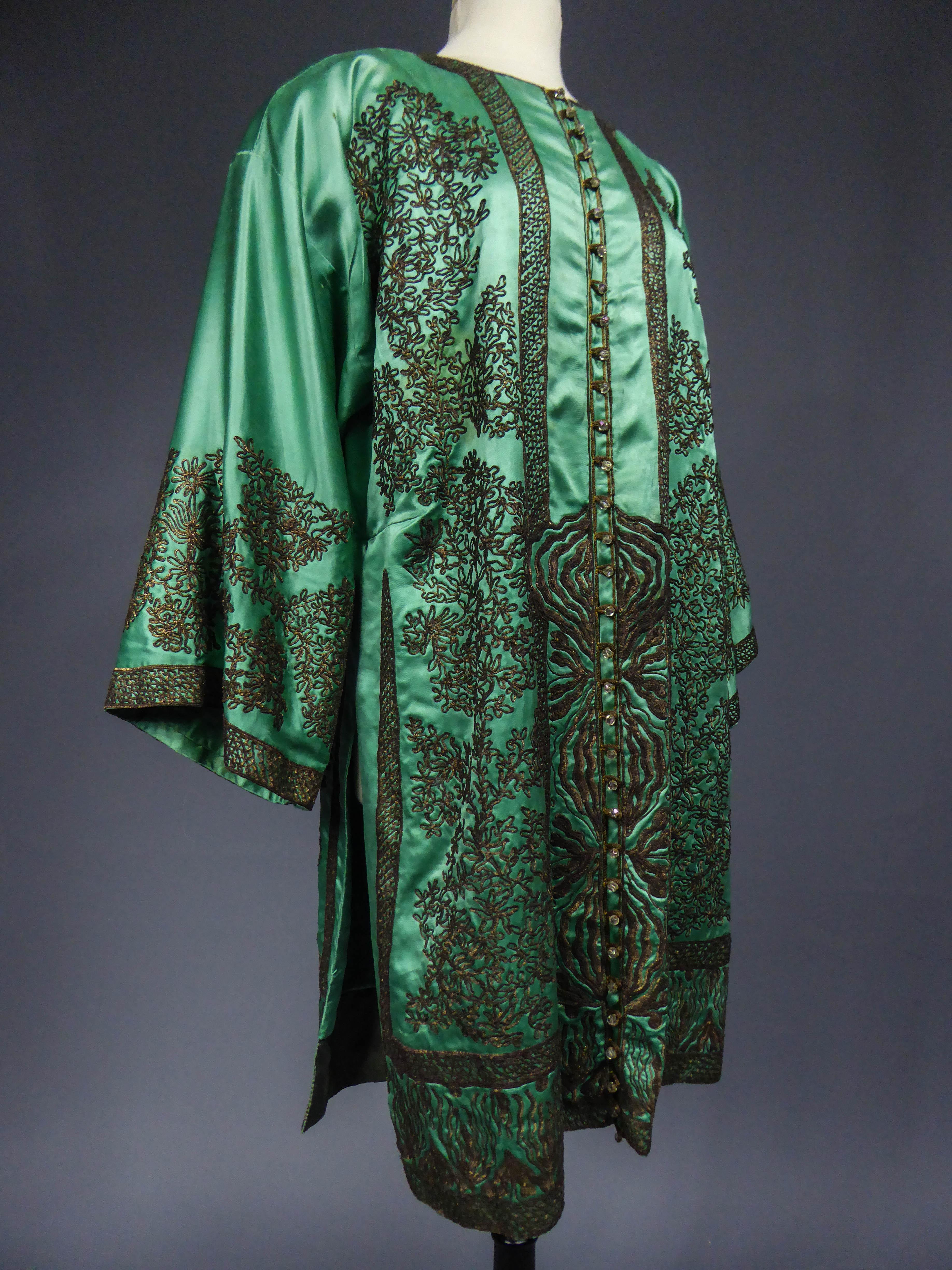 Babani Couture Kaftan or Party Kimono in green satin with appliqué, circa 1915 2