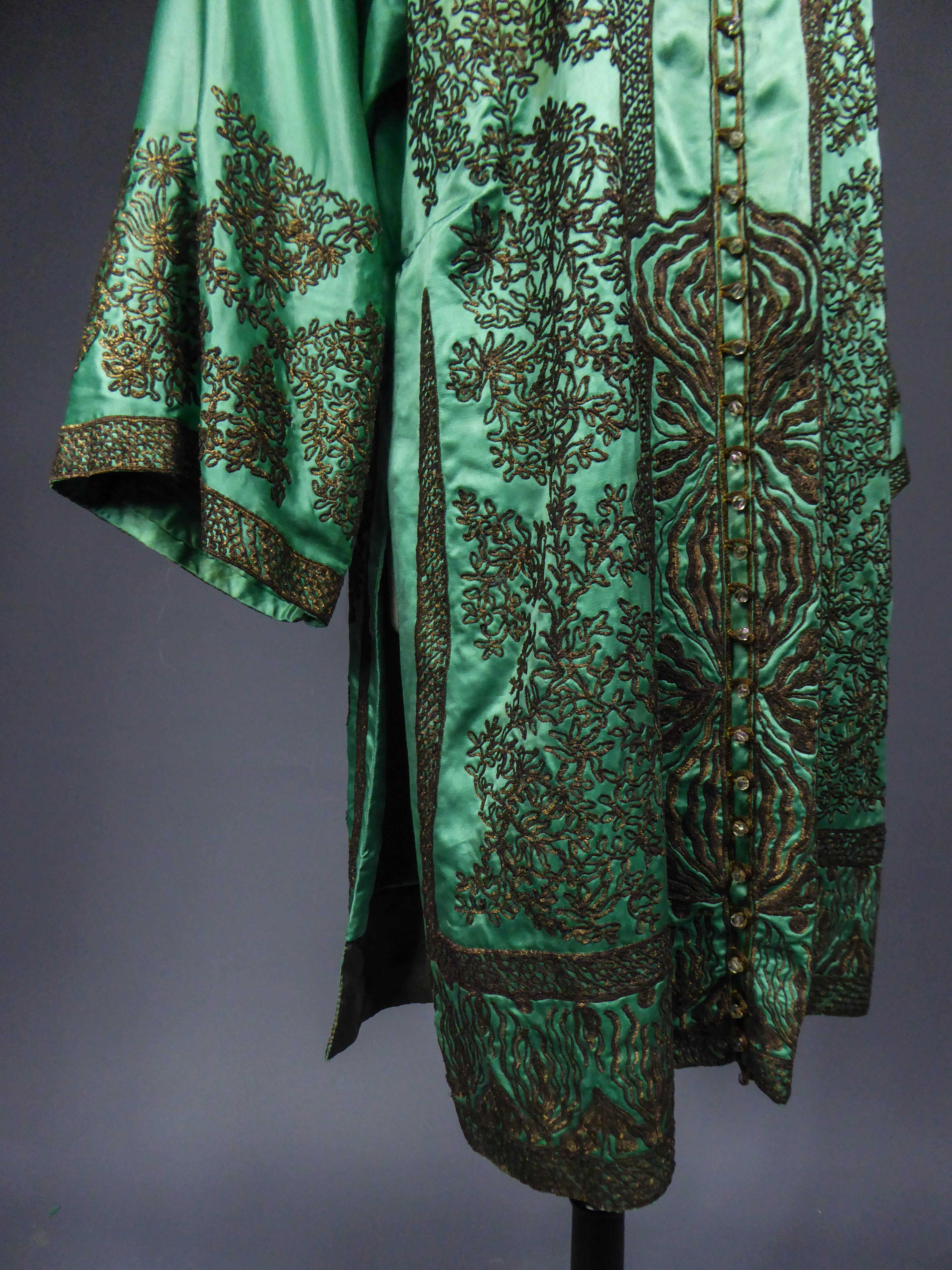Babani Couture Kaftan or Party Kimono in green satin with appliqué, circa 1915 3