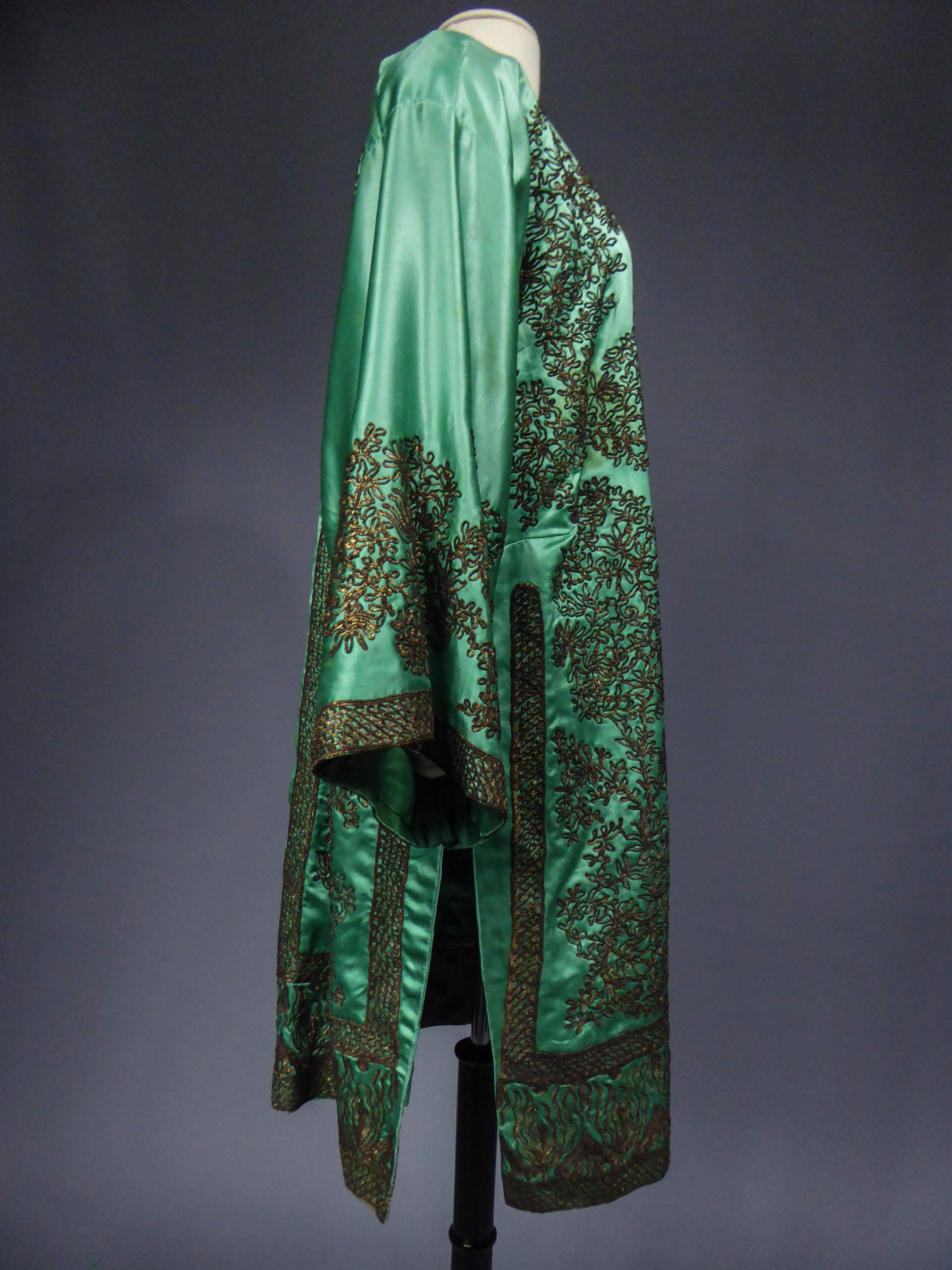 Babani Couture Kaftan or Party Kimono in green satin with appliqué, circa 1915 4