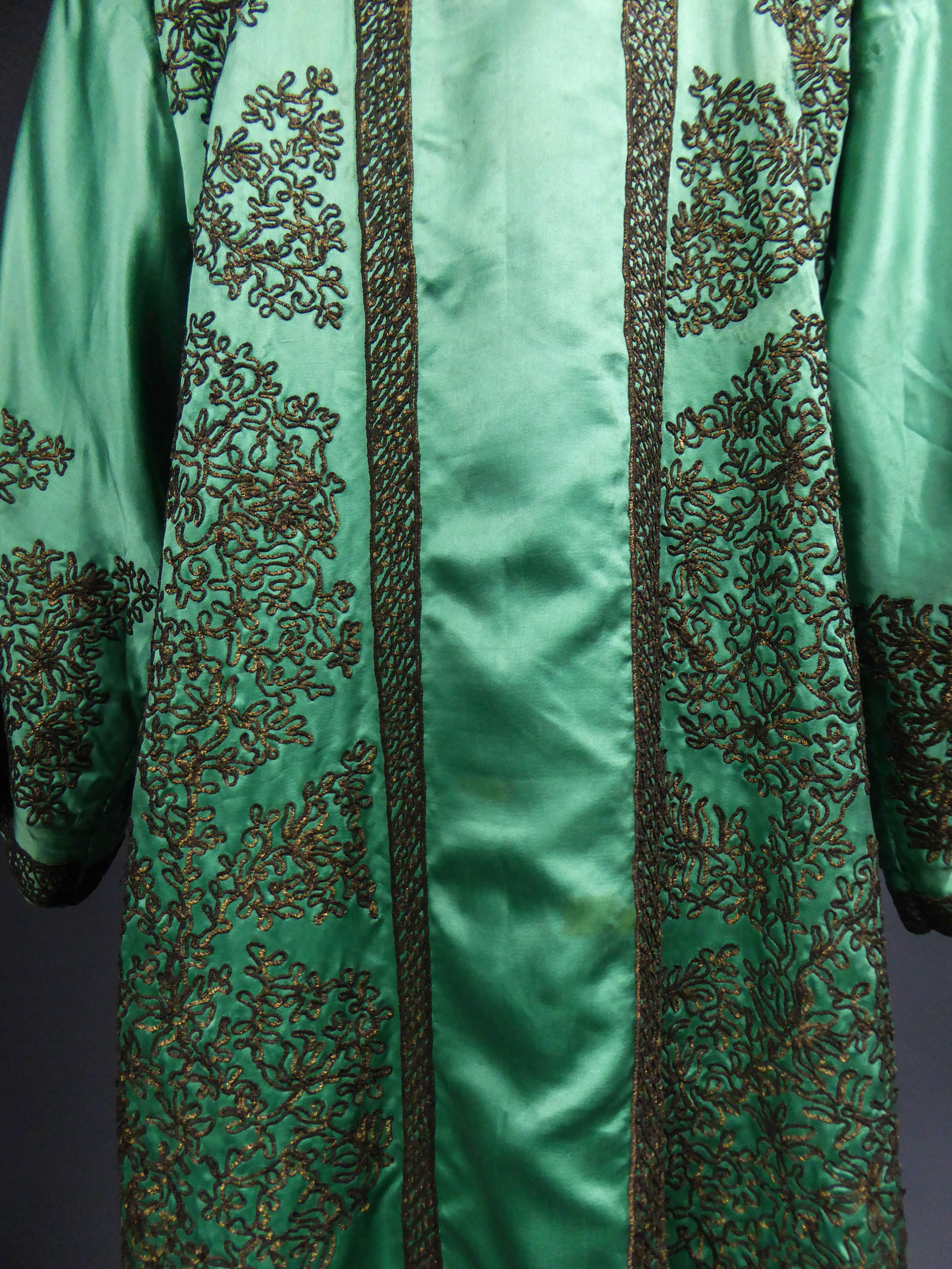 Babani Couture Kaftan or Party Kimono in green satin with appliqué, circa 1915 6
