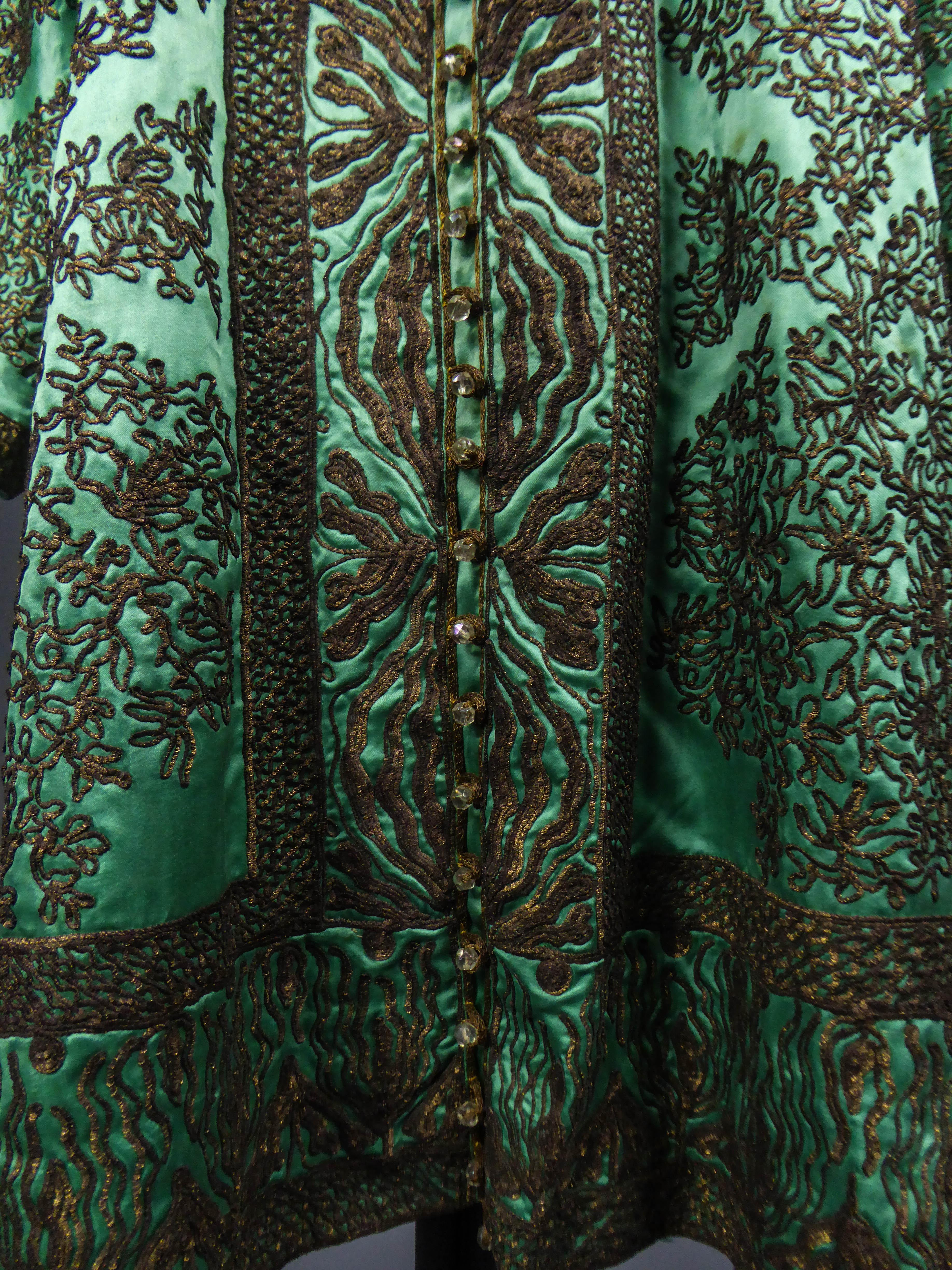 Babani Couture Kaftan or Party Kimono in green satin with appliqué, circa 1915 7