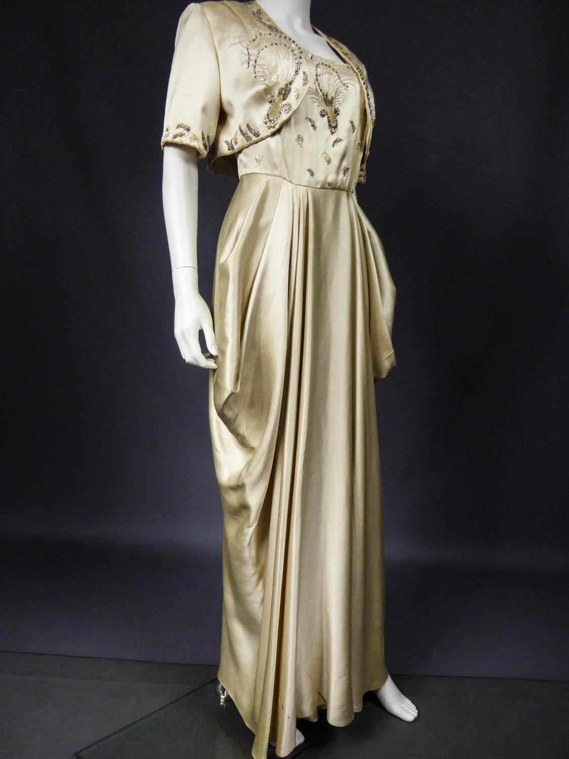 Women's A Pierre Balmain Ceremonial Satin Evening Dress Bolero and Purse Circa 1950 For Sale