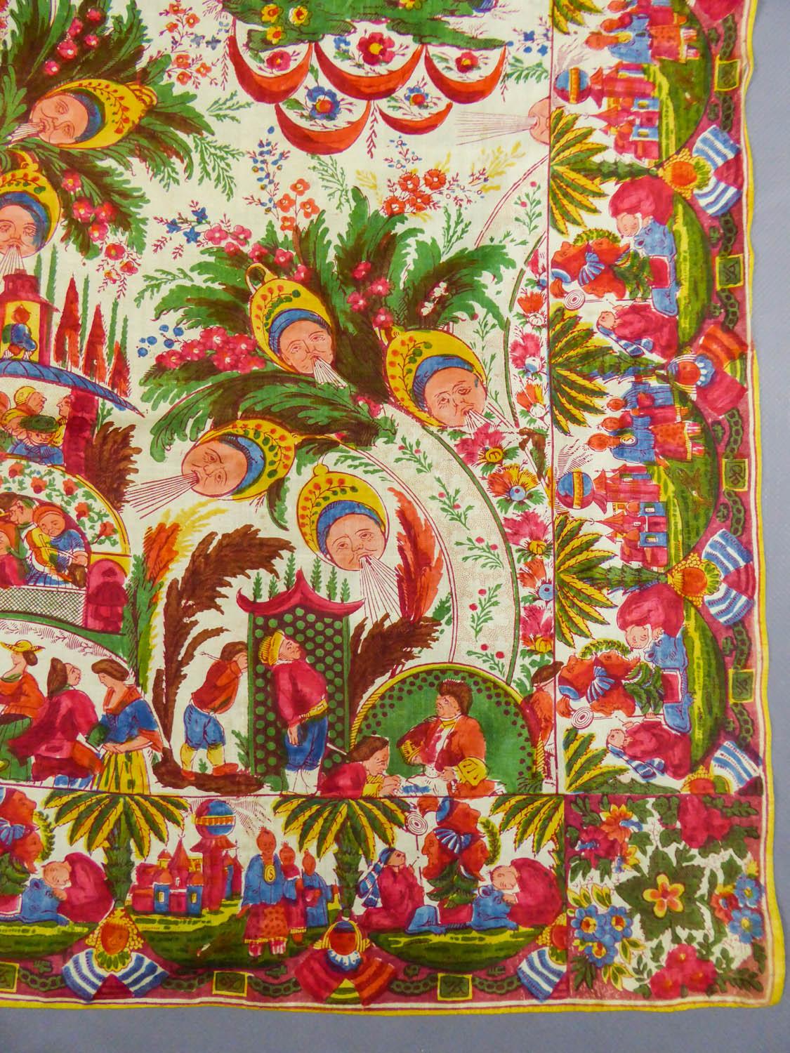 Circa 1815
Manufacture Haussmann Alsace 

Amazing Orientalist scarf printed on a wooden board on silk pongee dating from the early nineteenth century. Definitly from the Manufacture Haussmann 1815 with documentation. Very strong polychrome of