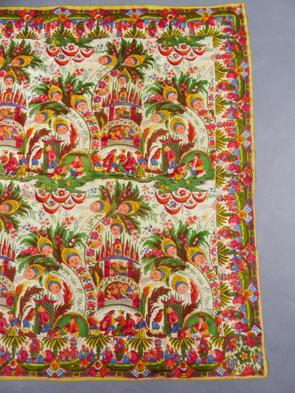 Brown Silk Pongee Printed Scarf With Kokoshnik and Chinoiserie - Manufacture Hausmann 