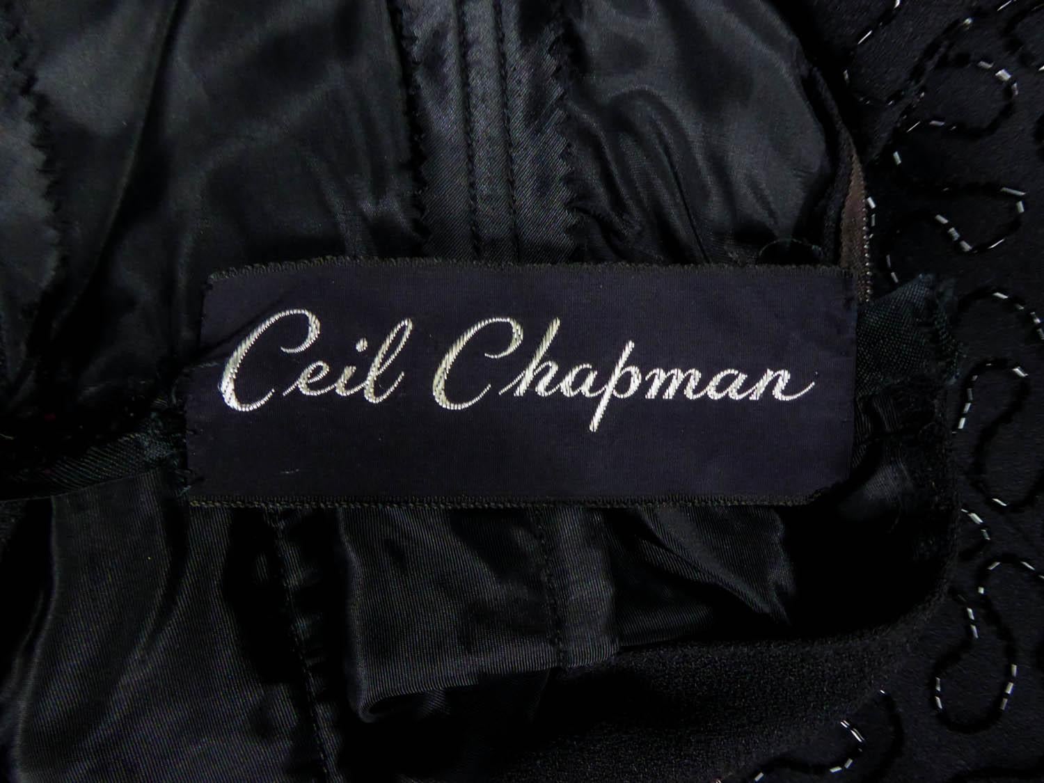 Black Ceil Chapman Dress in Silk Embroidered with Sequins Circa 1950