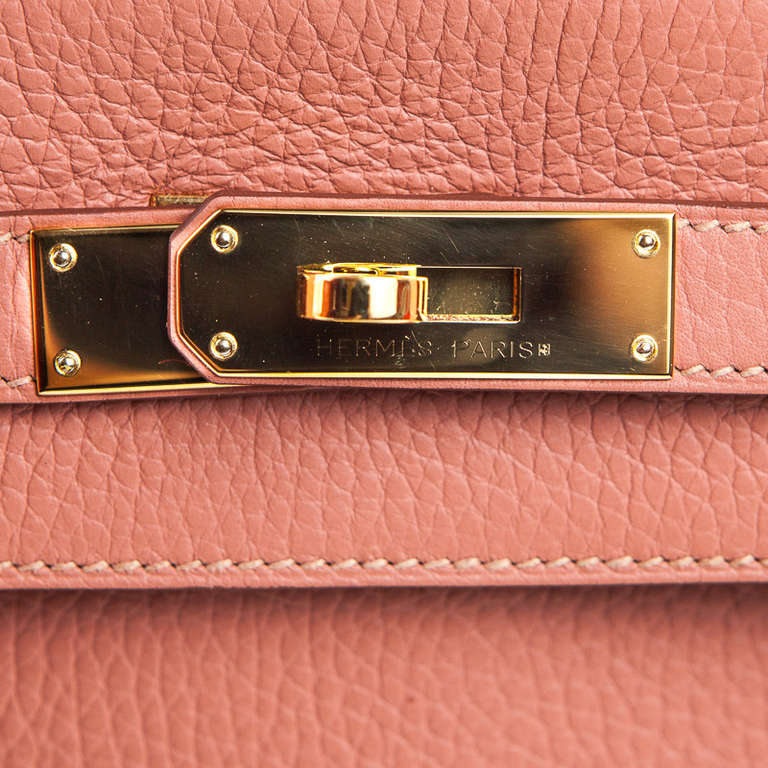 New Hermes 35cm Kelly Dusty Pink Rose Tea Clemence Leather Gold Hardware 2