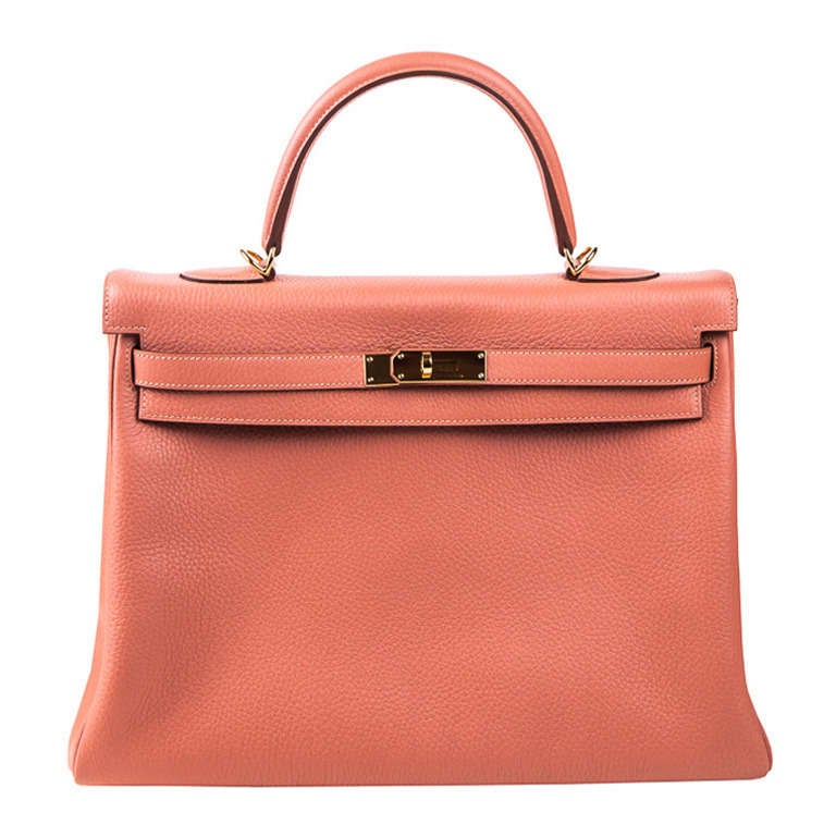 New Hermes 35cm Kelly Dusty Pink Rose Tea Clemence Leather Gold Hardware