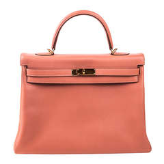 New Hermes 35cm Kelly Dusty Pink Rose Tea Clemence Leather Gold Hardware