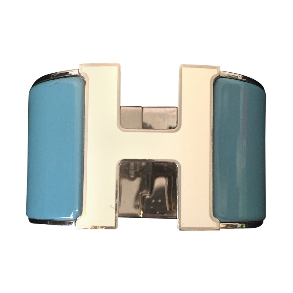 Hermes Blue and White Extra Wide Clic-Clac Bracelet For Sale