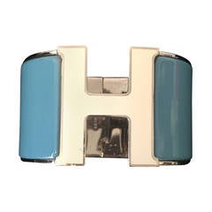 Used Hermes Blue and White Extra Wide Clic-Clac Bracelet