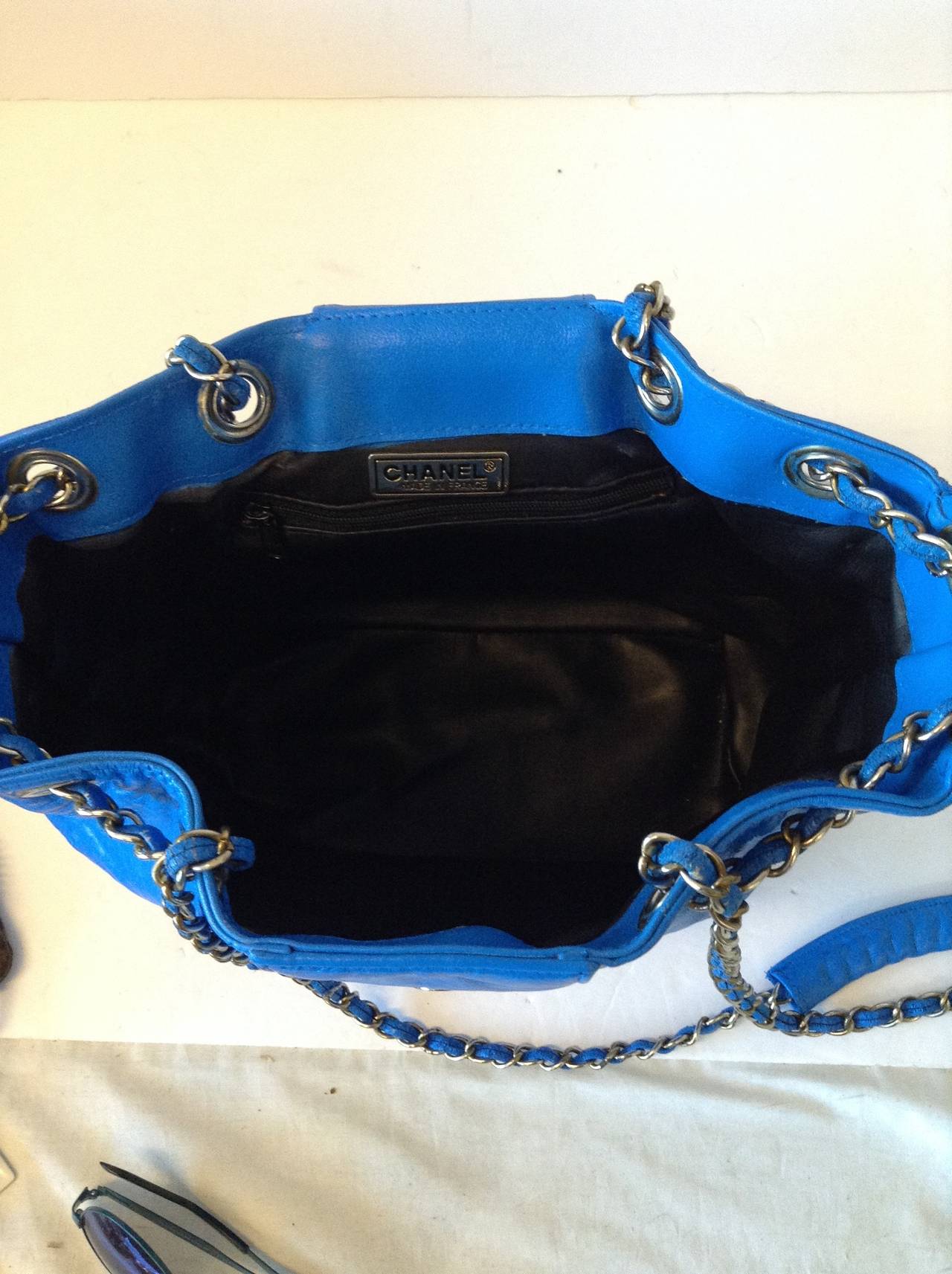 Chanel Electric Blue Large Drawstring Bucket Bag with Flap Closure For Sale 2