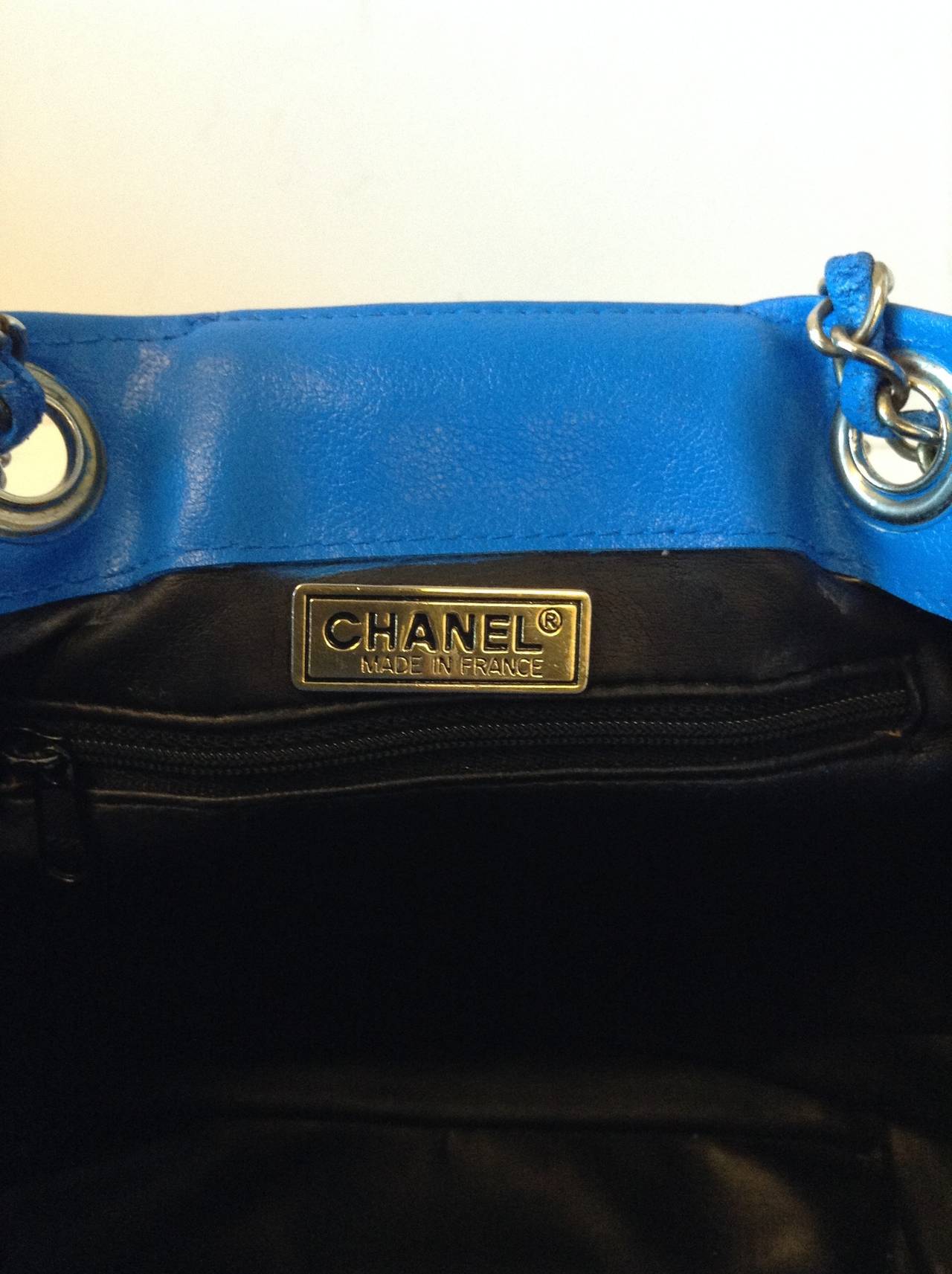 Chanel Electric Blue Large Drawstring Bucket Bag with Flap Closure For Sale 4