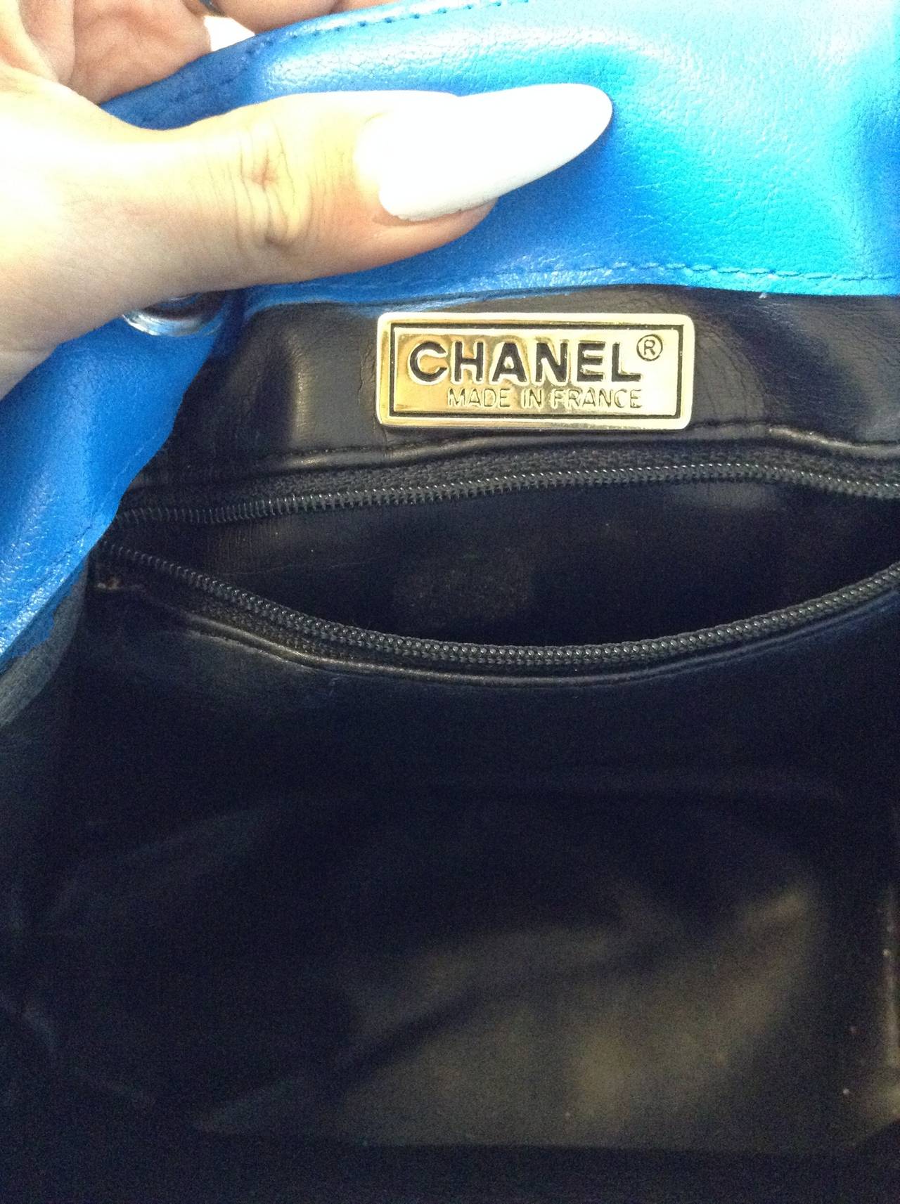 Chanel Electric Blue Large Drawstring Bucket Bag with Flap Closure For Sale 3