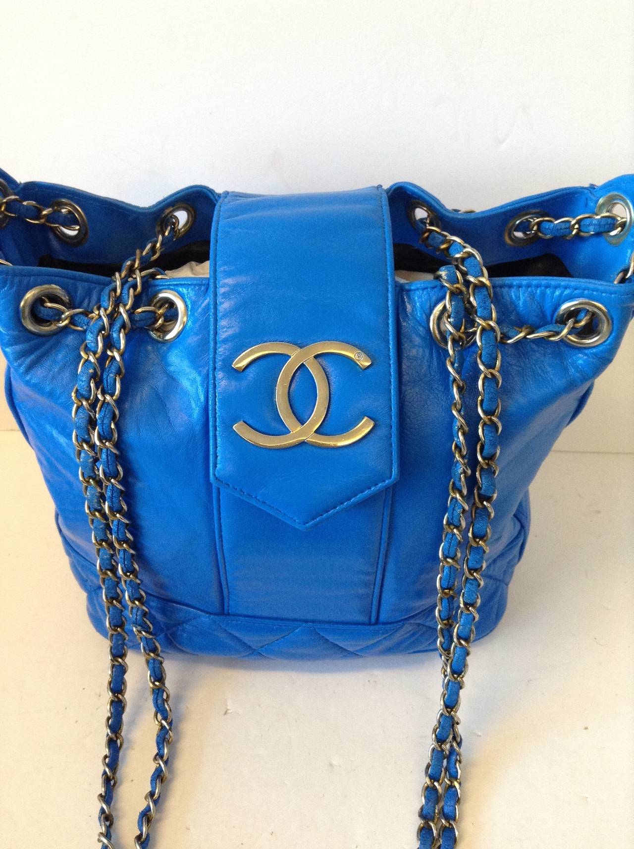 Chanel Electric Blue Large Drawstring Bucket Bag with Flap Closure