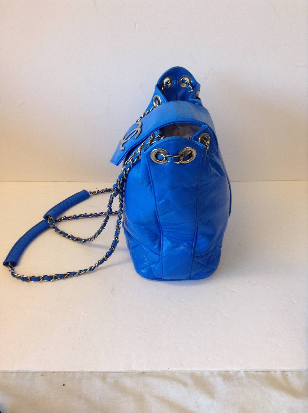 Women's Chanel Electric Blue Large Drawstring Bucket Bag with Flap Closure For Sale