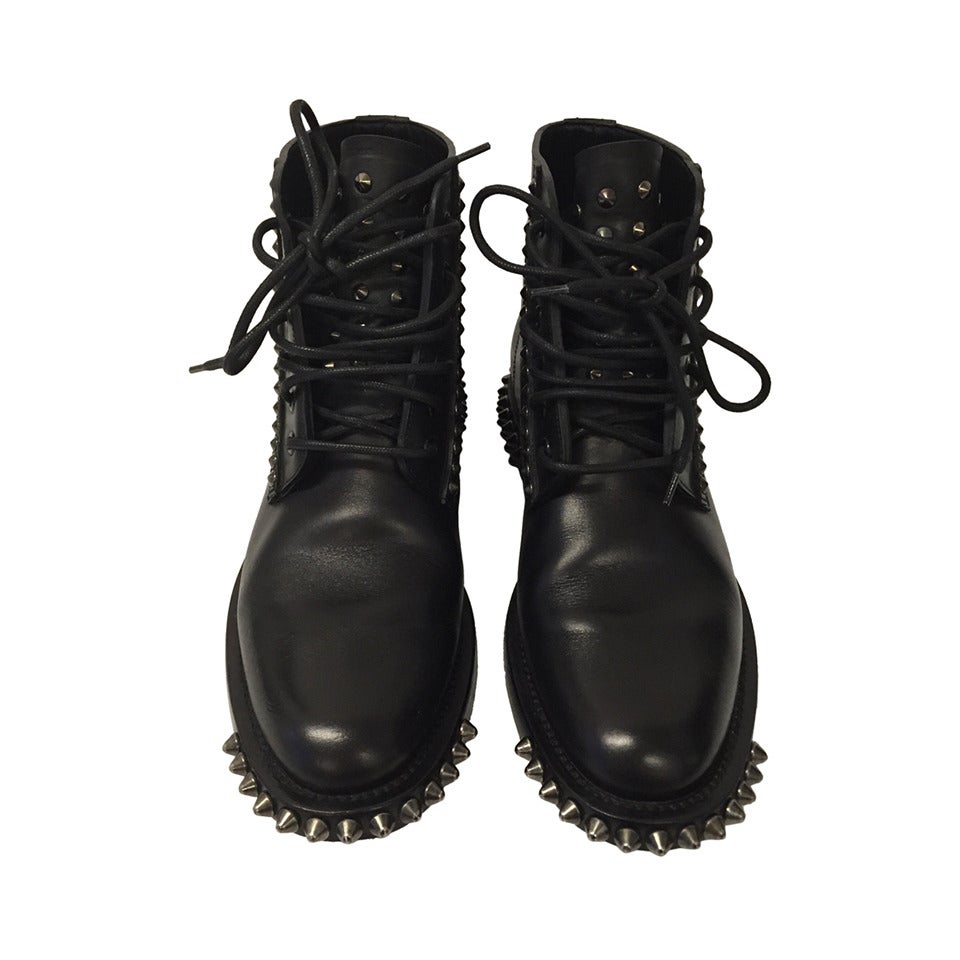Saint Laurent Black Spiked Leather Lace Up Ranger Boots For Sale