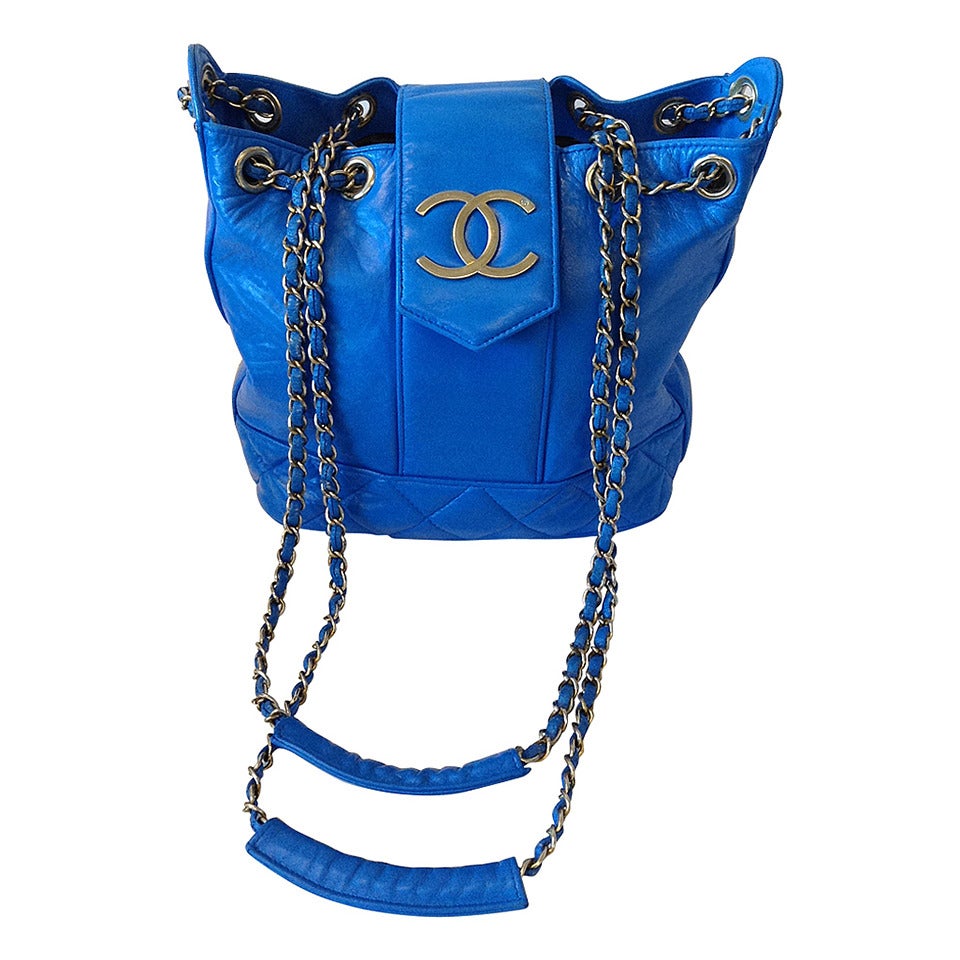 Chanel Electric Blue Large Drawstring Bucket Bag with Flap Closure For Sale