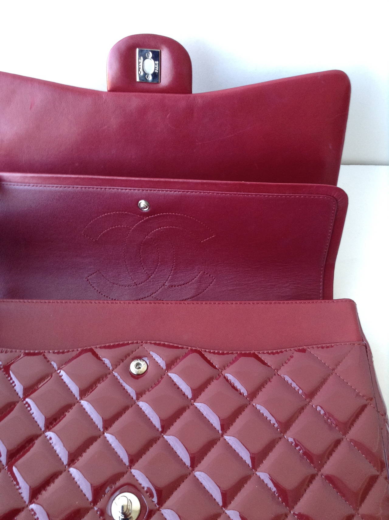Chanel Patent Wine Red Maxi Double Flap Handbag SHW For Sale 2
