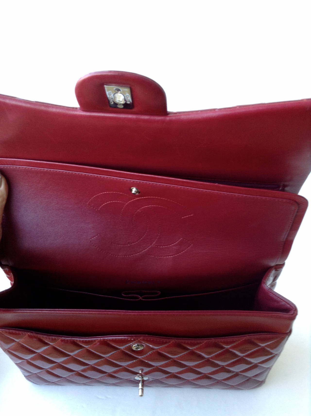 Chanel Patent Wine Red Maxi Double Flap Handbag SHW For Sale 3