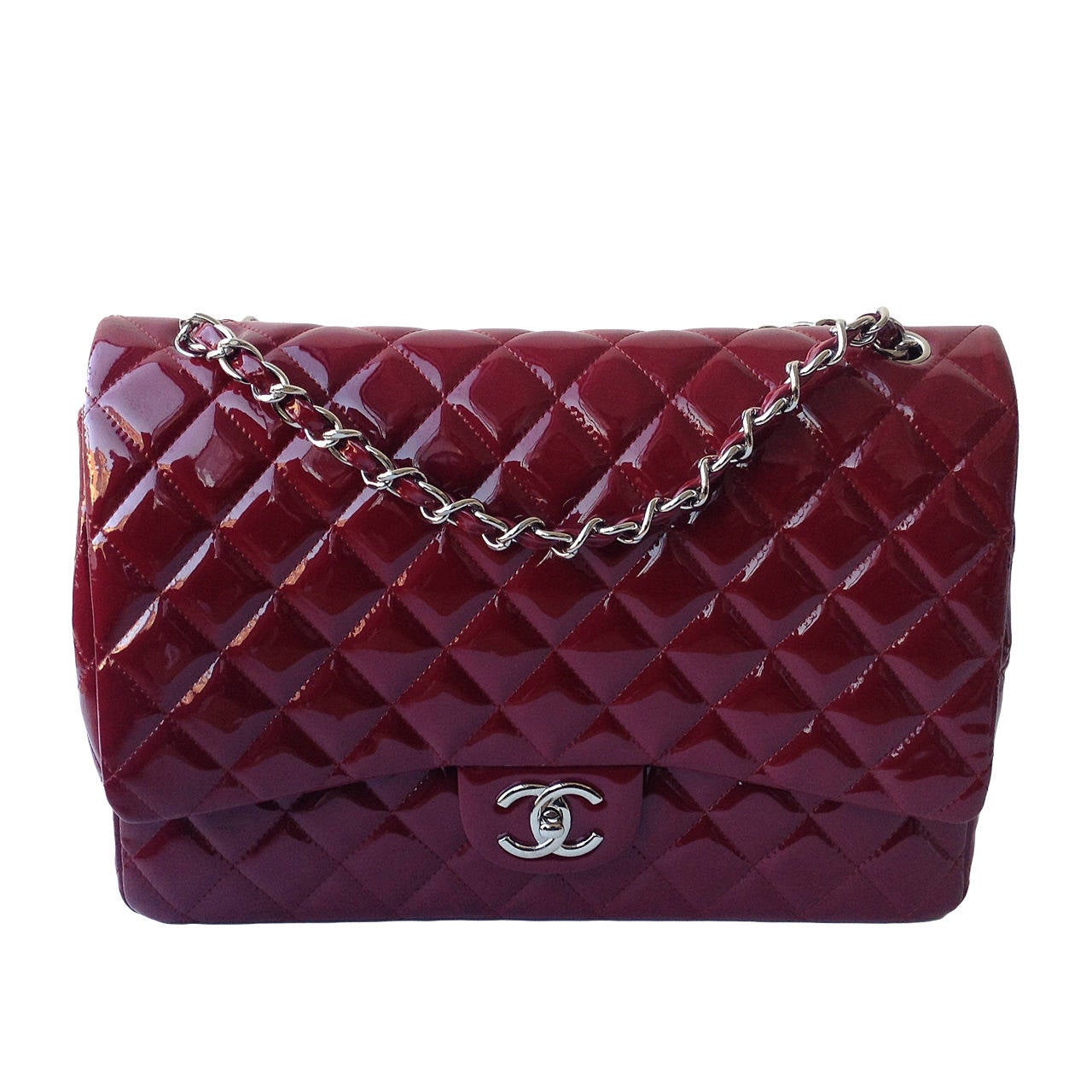Chanel Patent Wine Red Maxi Double Flap Handbag SHW For Sale