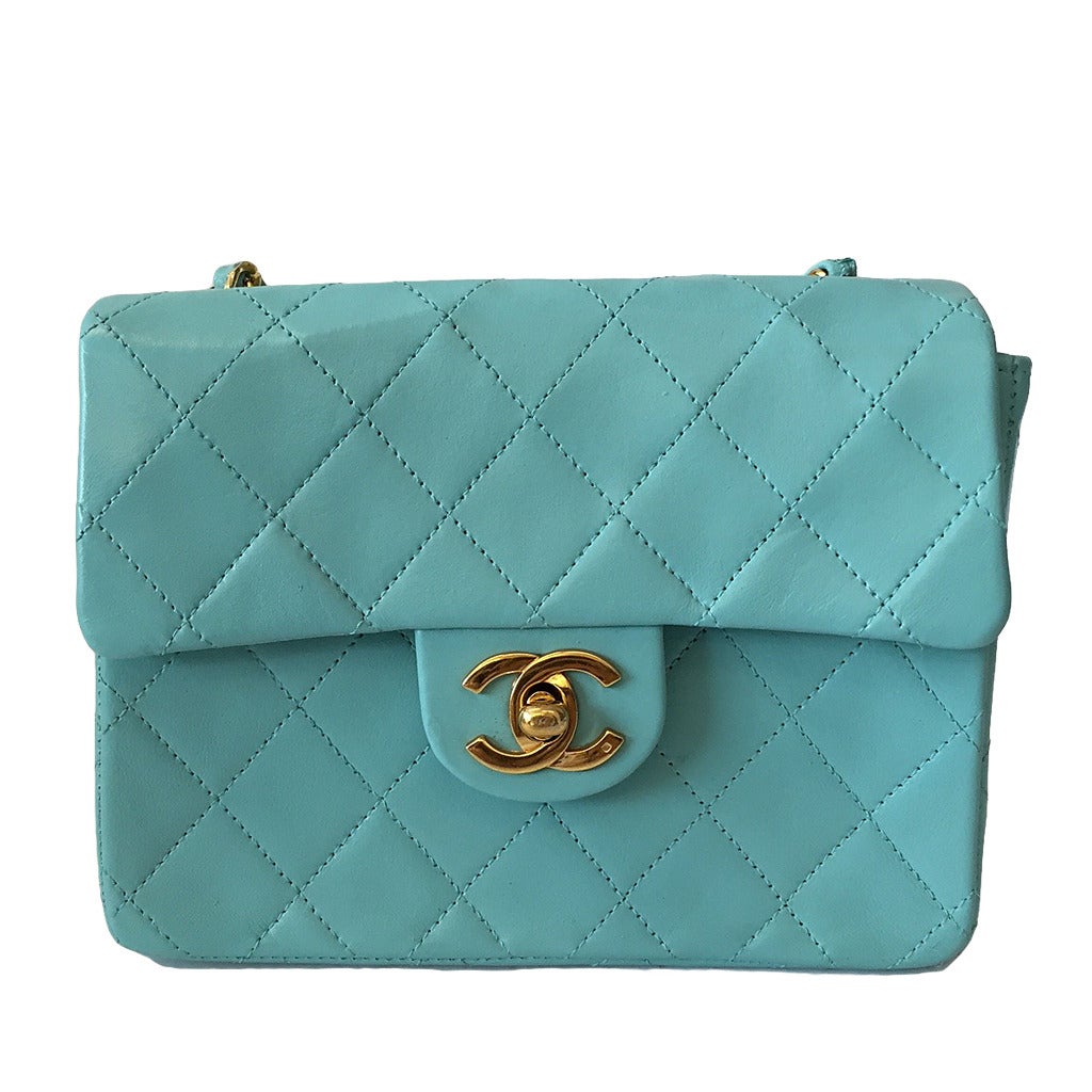 Chanel Tiffany Blue Vintage Quilted Lambskin Leather Classic Mini Flap Bag For Sale