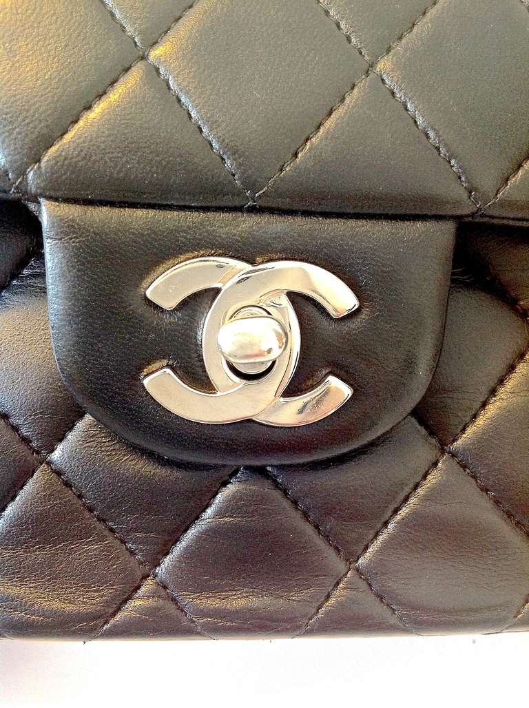 Women's Chanel Black Lambskin Double Flap 2.55 Bag with Silver Hardware For Sale