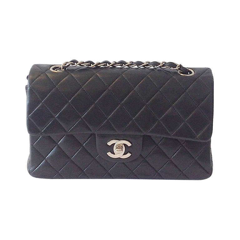 Chanel Black Lambskin Double Flap 2.55 Bag with Silver Hardware For Sale