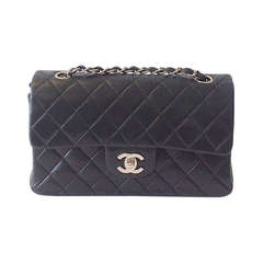 Chanel Black Lambskin Double Flap 2.55 Bag with Silver Hardware