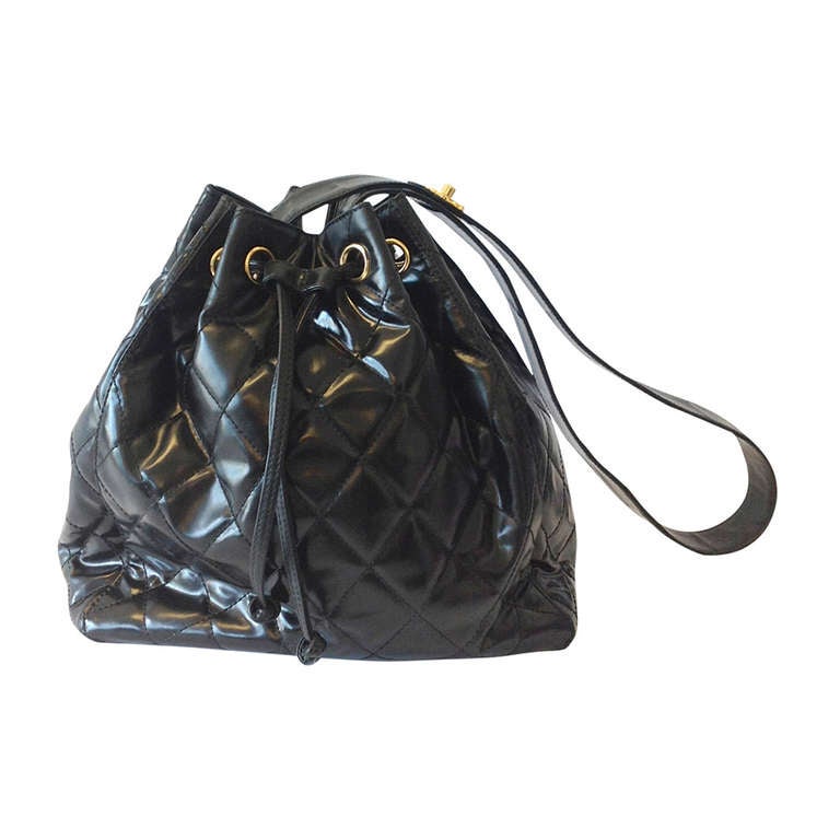 1990's Chanel Drawstring bag in Black Vinyl For Sale