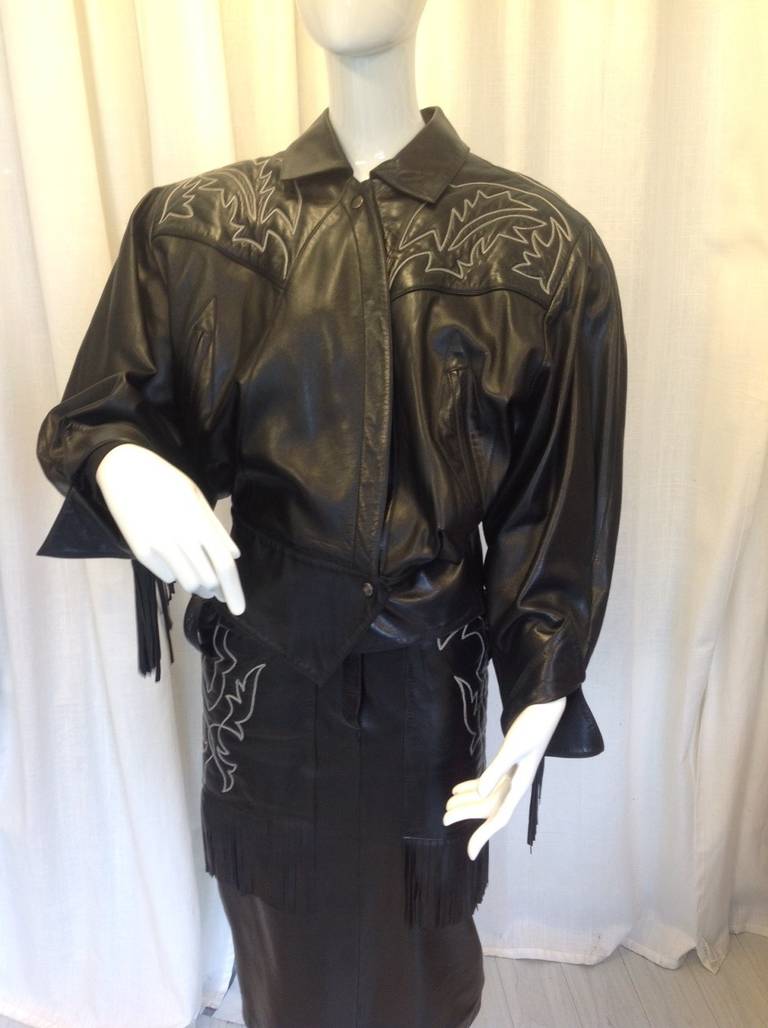 Claude Montana for Ideal Cuir Paris Black Fringed Western Leather Jacket In Excellent Condition In Westmount, Quebec
