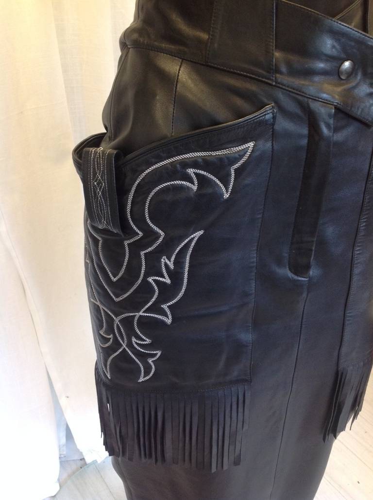 Women's Claude Montana for Ideal Cuir Paris Black Fringed Western Leather Skirt