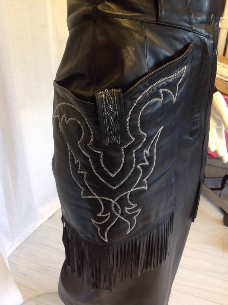 Claude Montana for Ideal Cuir Paris Black Fringed Western Leather Skirt In Excellent Condition In Westmount, Quebec