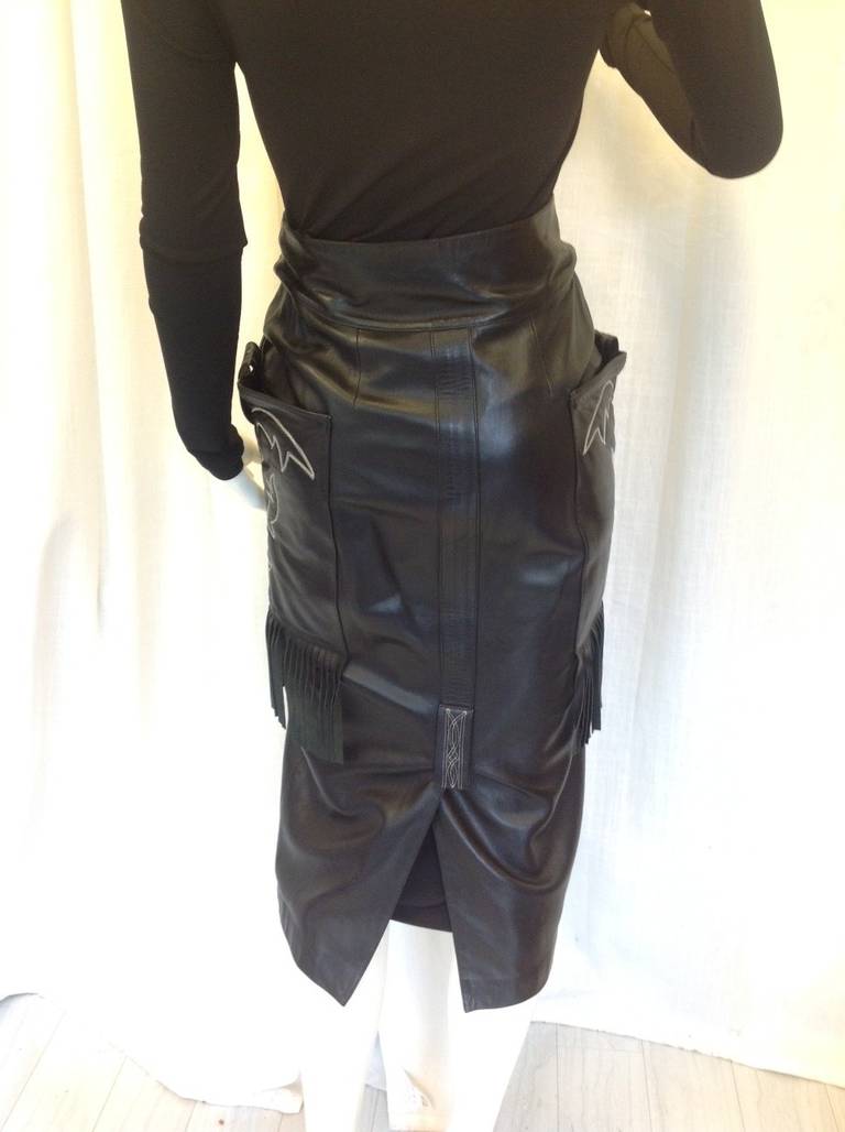 Claude Montana for Ideal Cuir Paris Black Fringed Western Leather Skirt 1