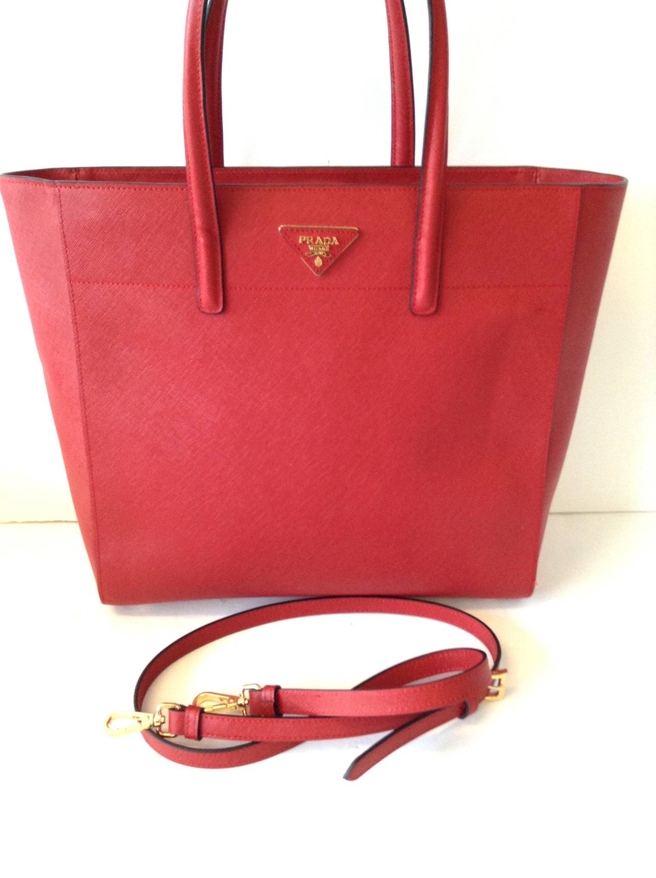 2013 PRADA Saffiano Trapeze tote bag in Lipstick Red GHW $1800 For Sale 1