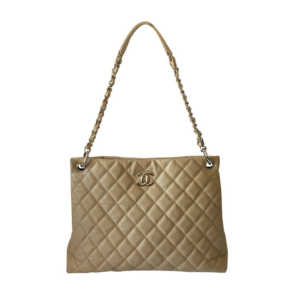 Chanel Beige Quilted Easy Caviar Tote For Sale