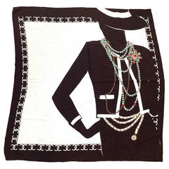 1990s Chanel Silk Scarf Brown and White with Coco Chanel Silhouette