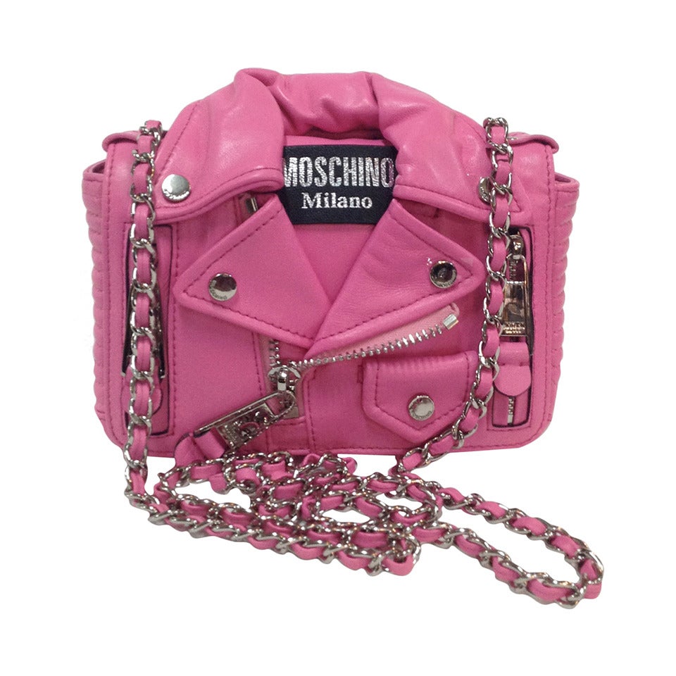 2014 Moschino Mini Pink Leather Biker Shoulder Bag For Sale
