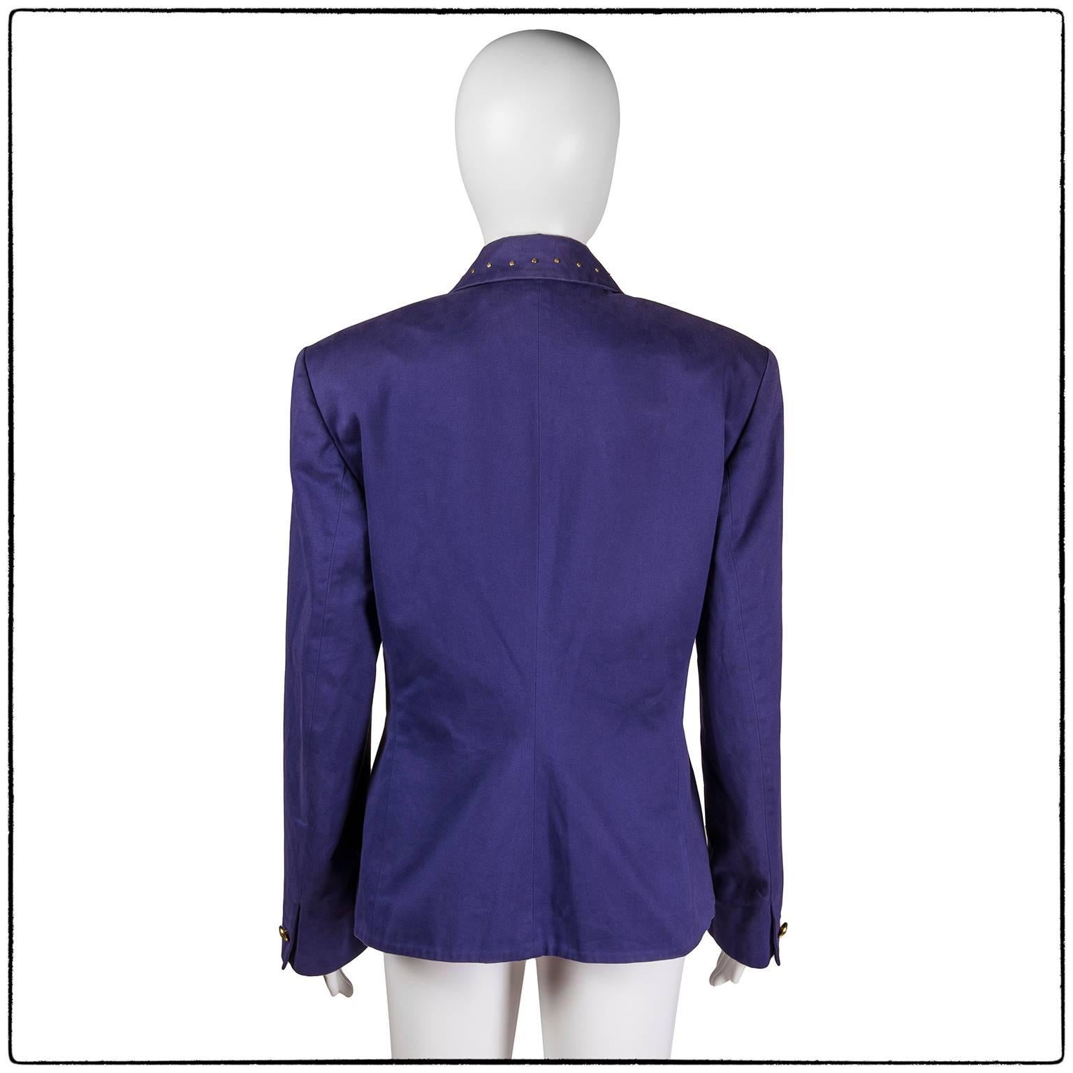 Gianni Versace Jeans Couture Bondage purple jacket 1990's.
Purple cotton jacket with gold tone metal applications on pockets and collar
Collectible piece 

Size: 46 it, 14 UK, 12 US, it wears more like a 44 It, 12 UK, 10 US

Material: