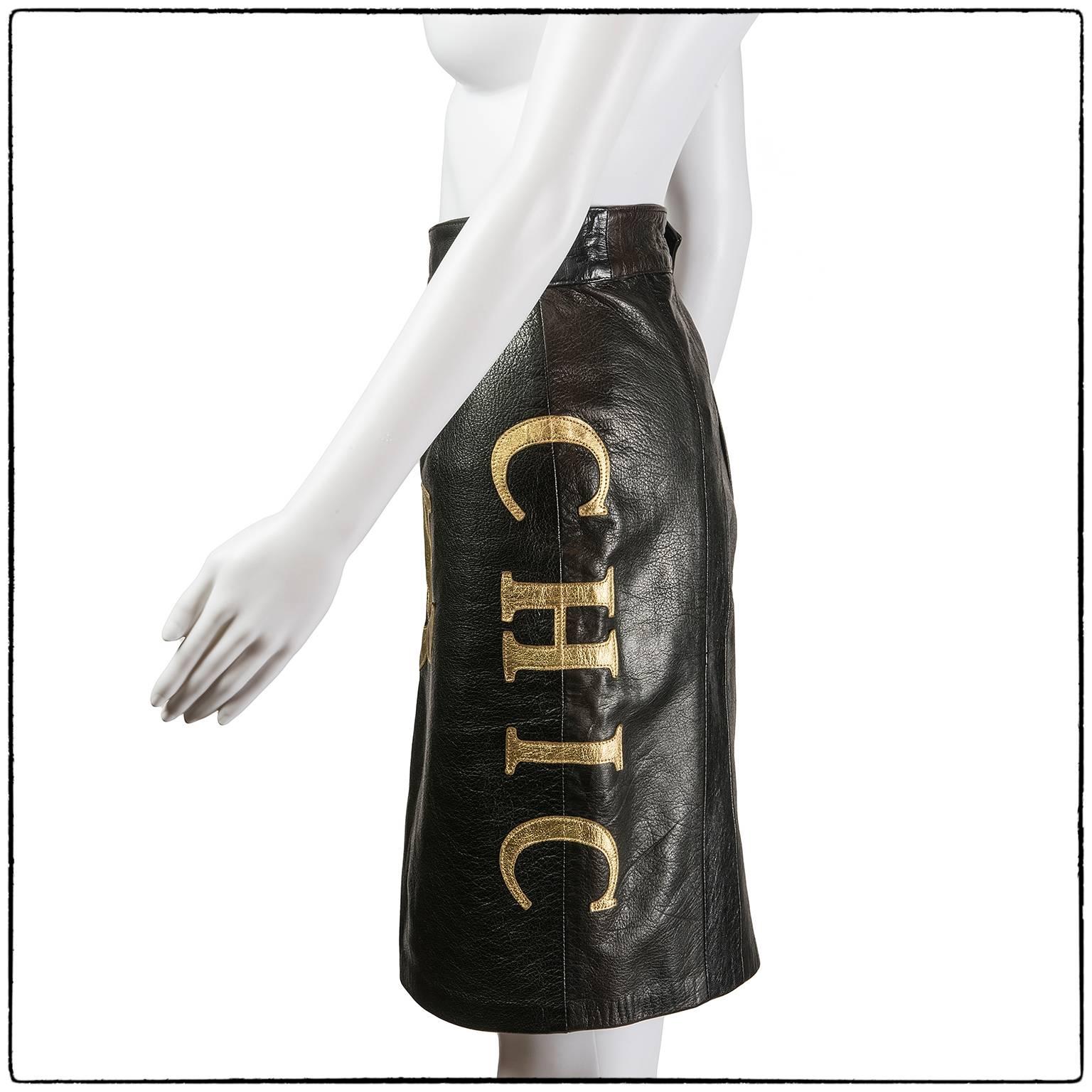 Black Moschino Cheap and Chic black and gold leather skirt, 1990s For Sale