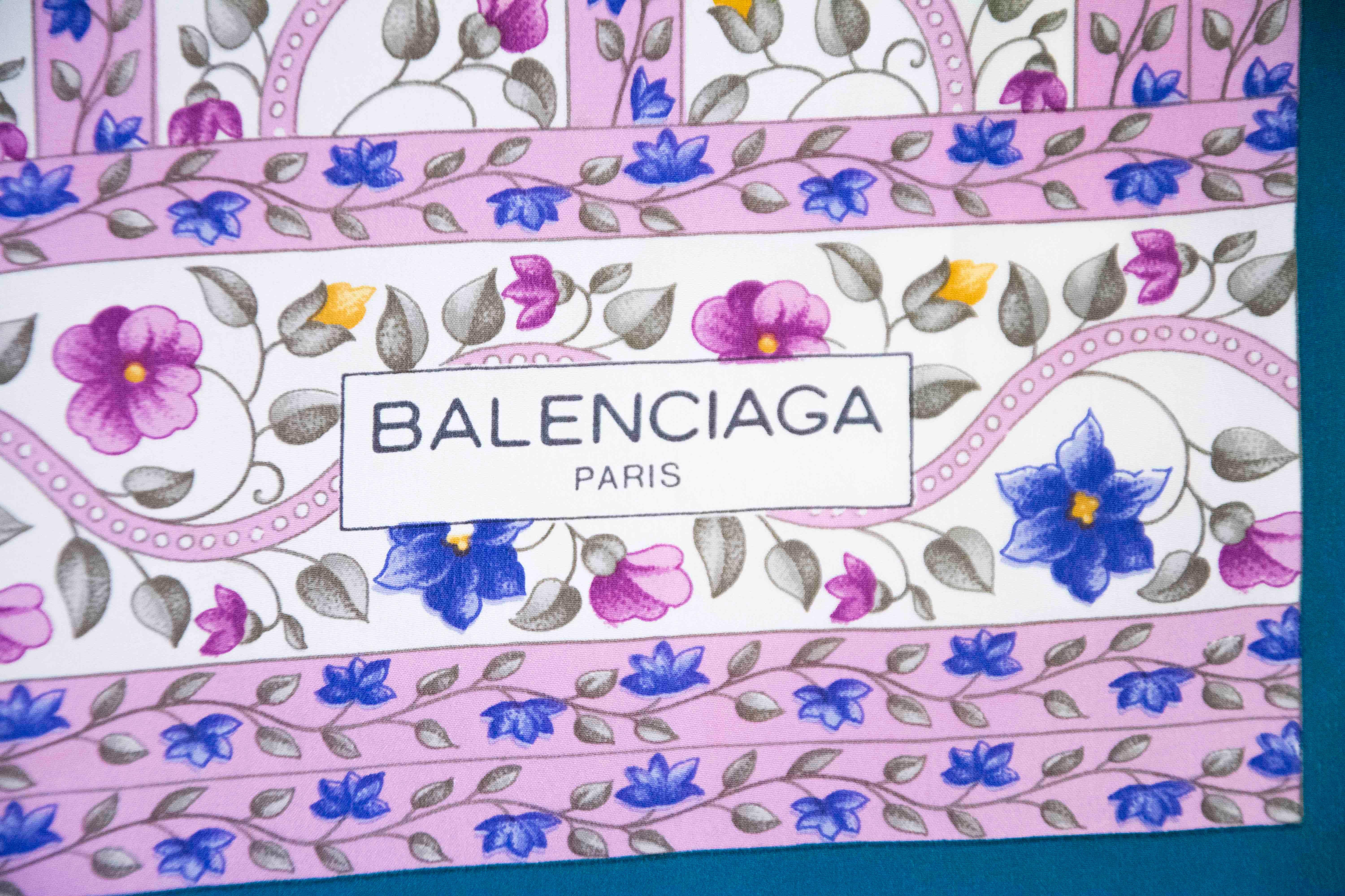 Purple Balenciaga green and pink floral silk scarf, 2000s For Sale