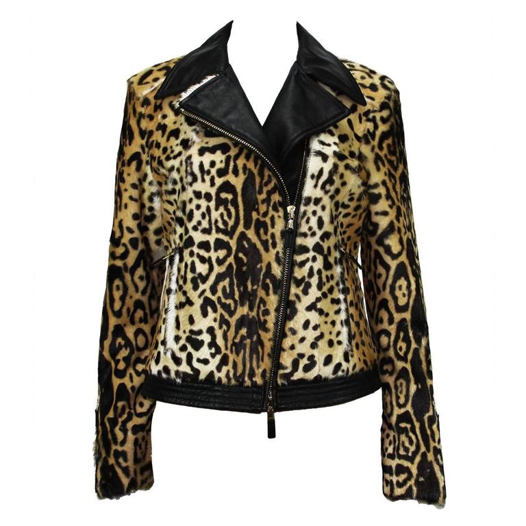 New ETRO Exotic Fur Lamb Leopard Print Leather Moto Jacket It. 42, 44 ...