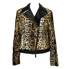 New ETRO Exotic Fur Lamb Leopard Print Leather Moto Jacket It. 42, 44 10