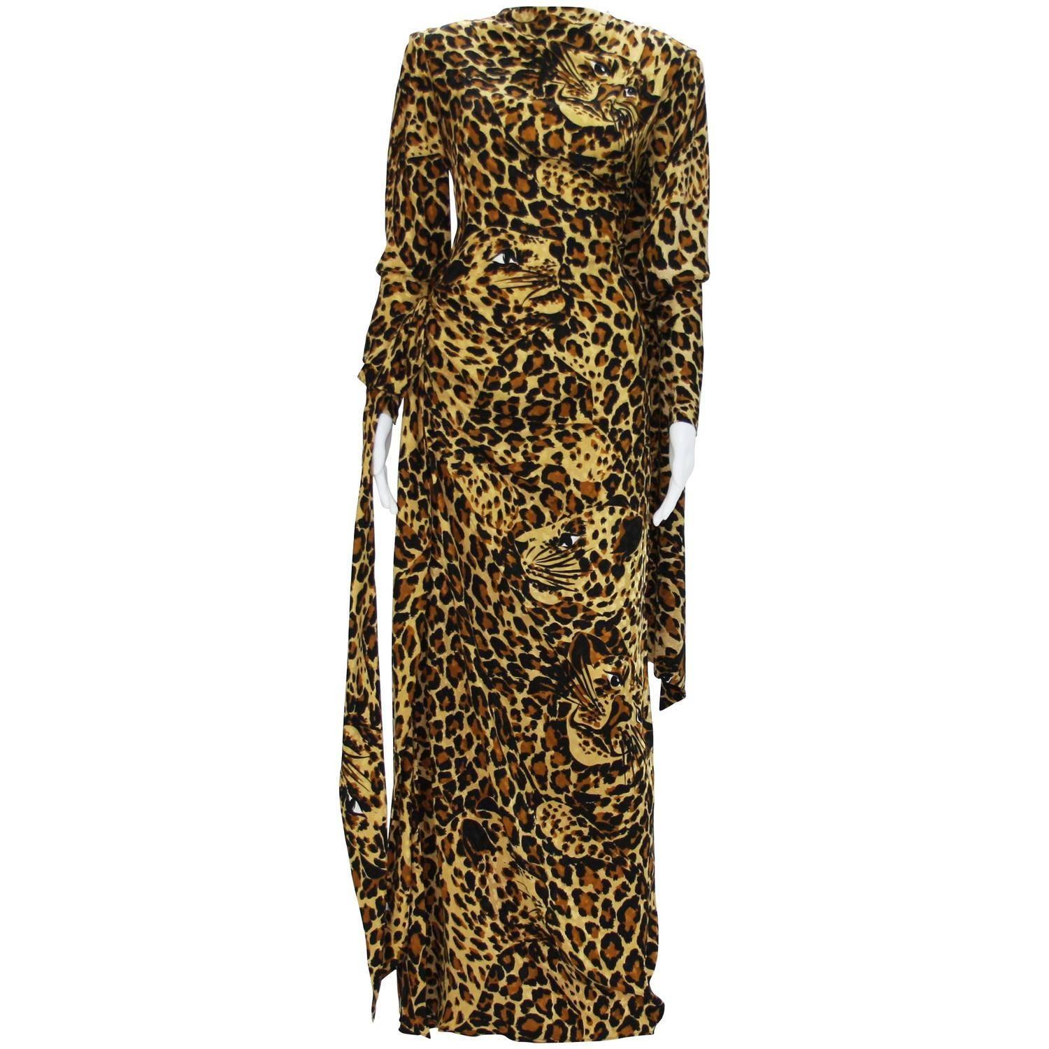 Yves Saint Laurent Runway F/W 1982/83 Leopard Silk Gown with High Slit Scarf Fr. For Sale