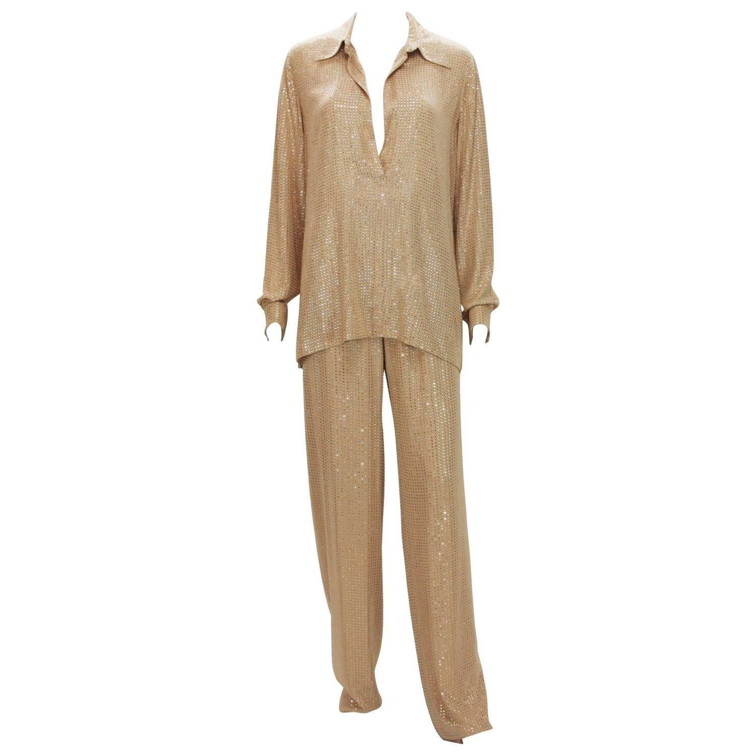 New Gucci Fully Embellished Rhinestone Tan Evening Pant Suit Italian 40