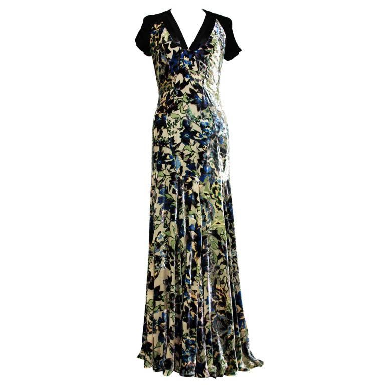 New Etro Floral Printed Velvet Blue Green Dress Gown It size 44 For Sale