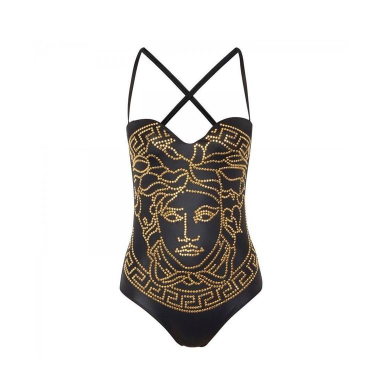 New Versace Black Embellished Swimsuit with Gold Medusa size 2 For Sale ...