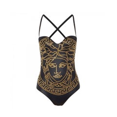 New Versace Black Embellished Swimsuit with Gold Medusa size 2