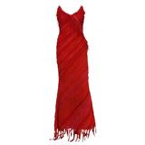 Naeem Khan Red Silk Coral Embellished Fringe Long Dress 6