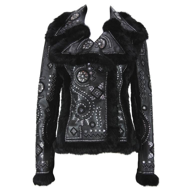 OSCAR DE LA RENTA Embellished Leather Jacket with FOX FUR US 6